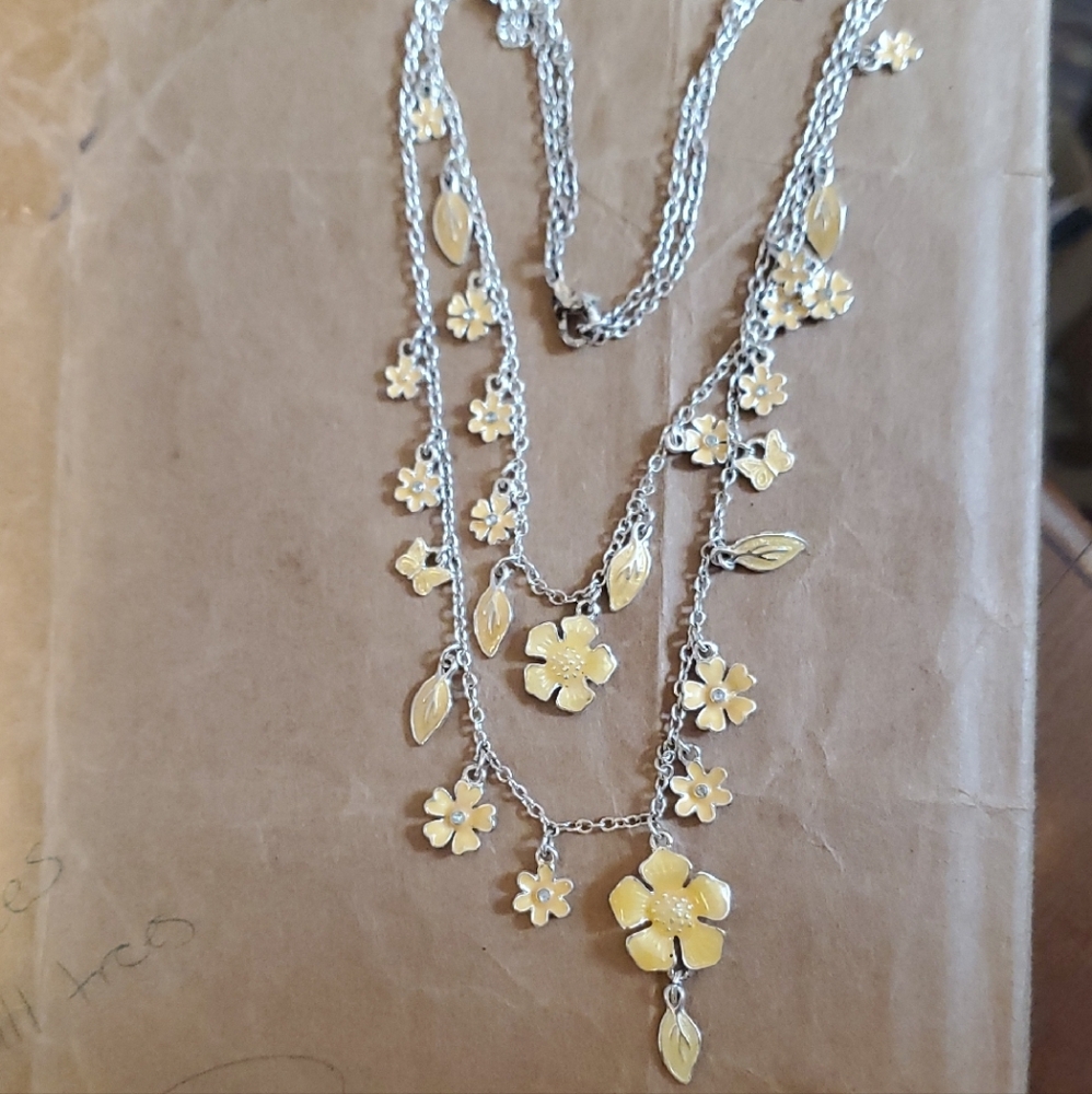 Elegant Silver and Yellow Floral and Butterfly Double Layer Necklace